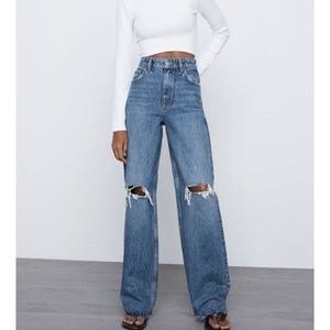 Zara Wide Leg Full Length Ripped Jeans
